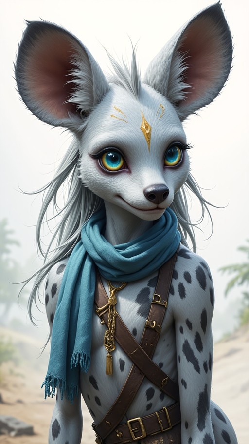Anthropomorphic hyena character with white spotted fur, large blue and yellow eyes, and a blue scarf.