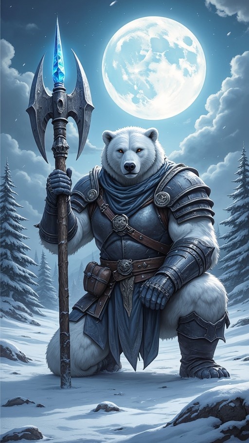 An anthropomorphic polar bear warrior in medieval armor kneels in a snowy forest holding a large polearm with a glowing blue crystal under a full moon.
