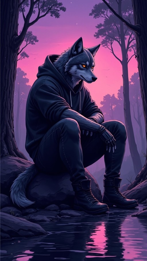 Anthropomorphic grey wolf with amber eyes wearing a black hoodie and boots sits on a rock by a stream under a purple twilight sky.
