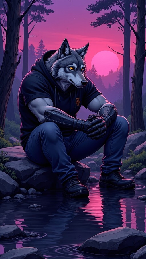 A grey anthropomorphic wolf with a mechanical arm sits on a rock by a stream in a forest under a purple sky.
