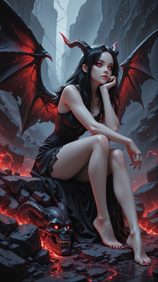 A pale-skinned demon girl with long black hair, red eyes, and large bat-like wings sits barefoot on rocky debris next to a metallic skull. She wears a short black dress and rests her chin on her hand in a pensive pose amidst glowing lava cracks.