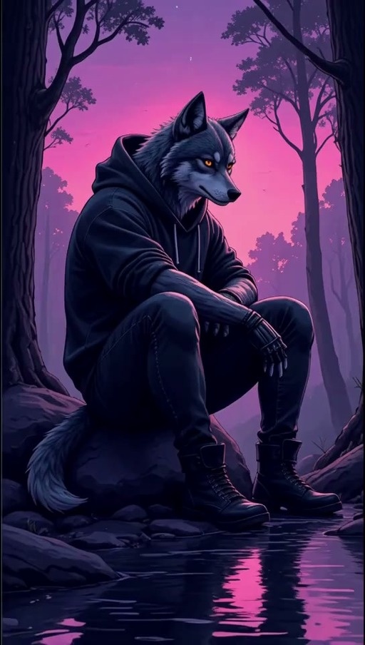 A grey anthropomorphic wolf with glowing orange eyes sits on a rock in a mystical forest at dusk, wearing a black hoodie and turning to face the viewer.