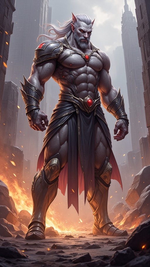 A full-body digital illustration of a muscular grey-skinned male with pointed ears, white hair, and red eyes, wearing dark armor and standing in a fiery ruined city.