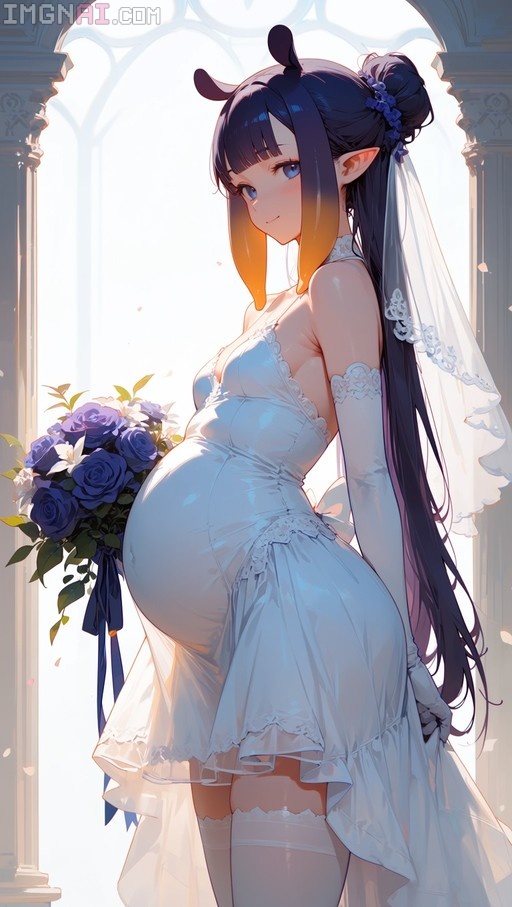 A pregnant Ninomae Ina'nis in a white wedding dress holding blue roses.