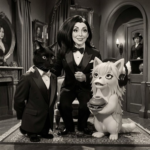 A woman resembling Morticia Addams stands in a 1960s living room with a black cat in a tuxedo and a white furry animal holding a burger.