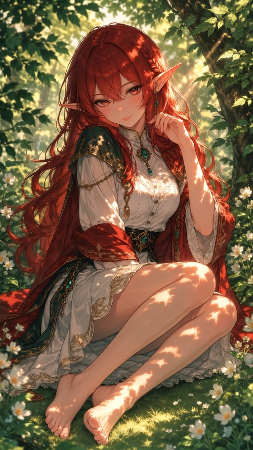 A red-haired elf woman with pointed ears sits barefoot on the grass in a sunlit forest, wearing an elegant white dress and red cape.