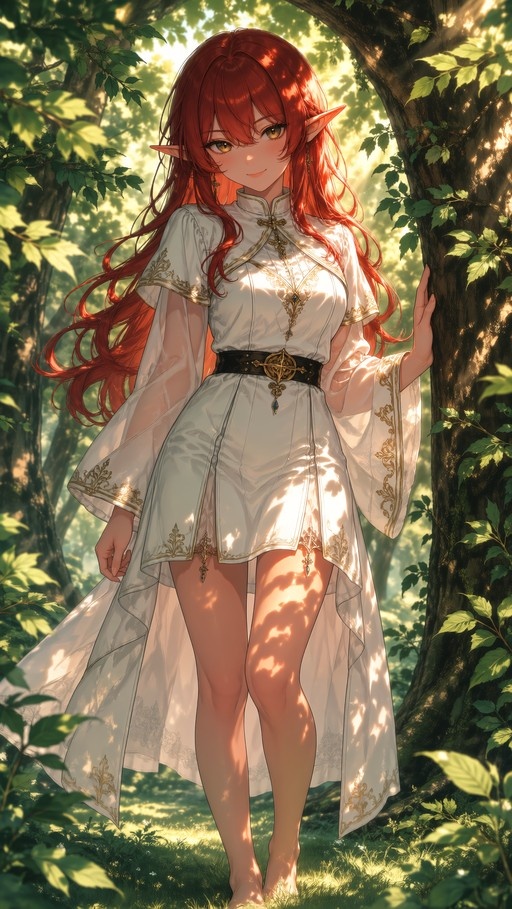 A full-body digital illustration of a red-haired elf woman with pointed ears standing barefoot in a sunlit forest, wearing an elegant white and gold dress.