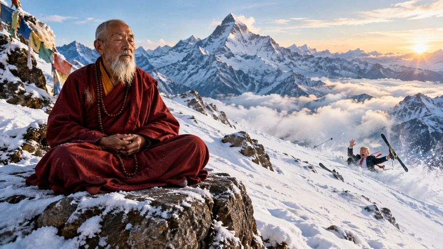 An elderly Tibetan monk meditates on a rock while Donald Trump falls down a snowy hill in the background.