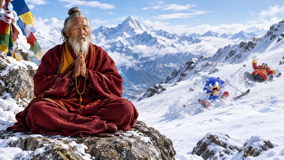 An elderly Tibetan monk meditating on a rock with prayer flags while Sonic and Dr. Eggman ski down a snowy mountain in the background.