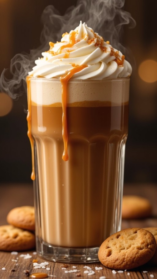 A tall glass of steaming salted caramel latte topped with whipped cream and caramel sauce, surrounded by cookies on a wooden table.