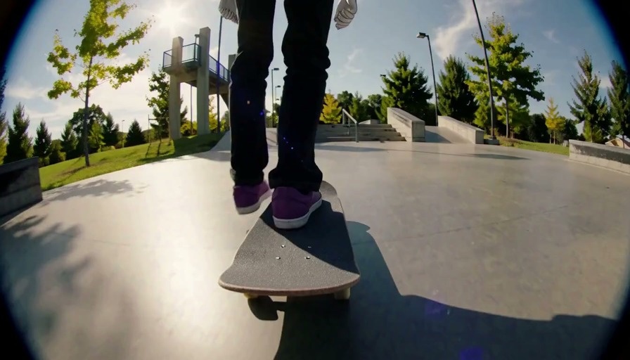 A 2D anime-style boy with purple hair skates on a skateboard in a realistic concrete park, grinding down a metal handrail under bright sunlight.
