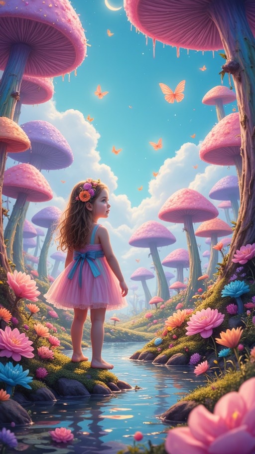 A young girl in a pink dress stands barefoot by a stream in a fantasy forest filled with giant colorful mushrooms and flying butterflies under a blue sky.