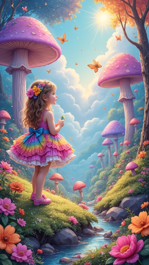 Young girl in rainbow dress standing on grassy hill among giant purple mushrooms and butterflies in magical forest
