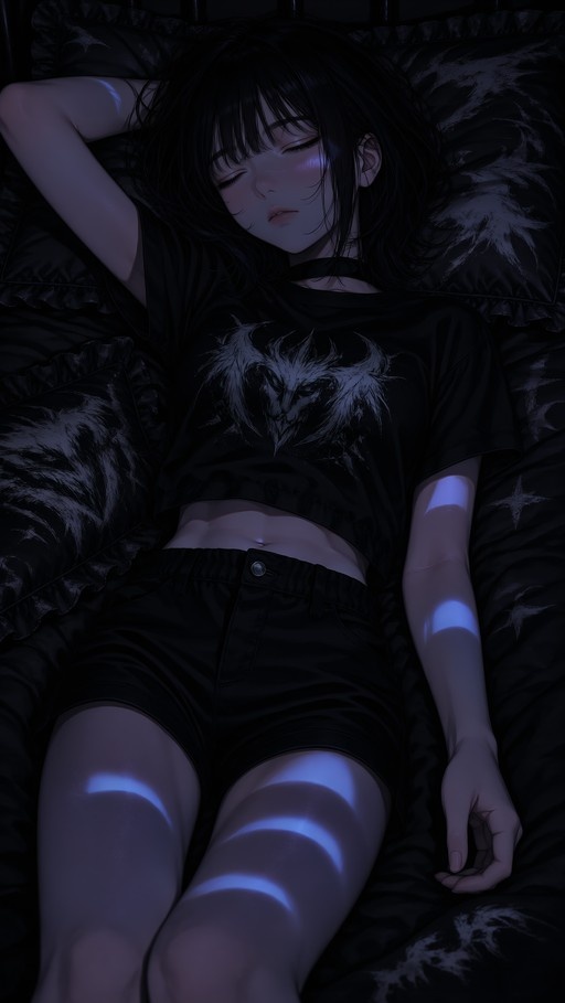 Digital illustration of a goth girl with short black hair sleeping on a dark bed illuminated by blue moonlight.