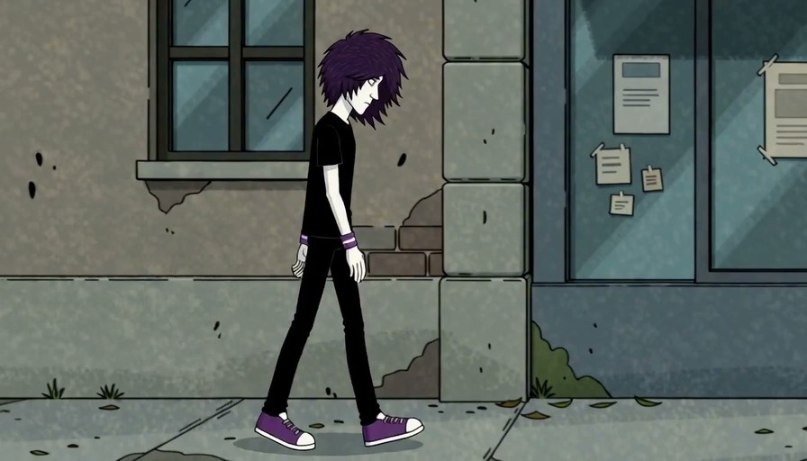 A 2D animated scene showing a purple-haired boy in black clothes kneeling on a sidewalk to hug a small white cat wearing a witch hat.