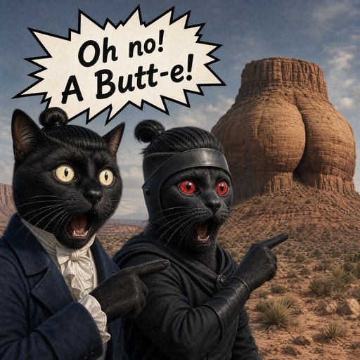 Two surprised black cat characters in costumes point at a large rock formation resembling buttocks with the text "Oh no! A Butt-e!" above them.