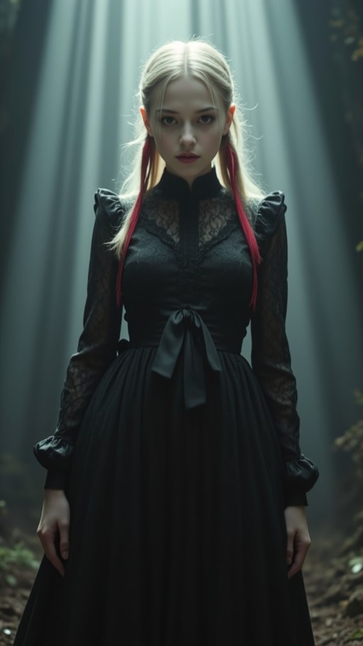 A platinum blonde woman with red ribbons in her hair stands in a misty setting wearing a black lace dress with a waist bow, illuminated by dramatic vertical shafts of light.