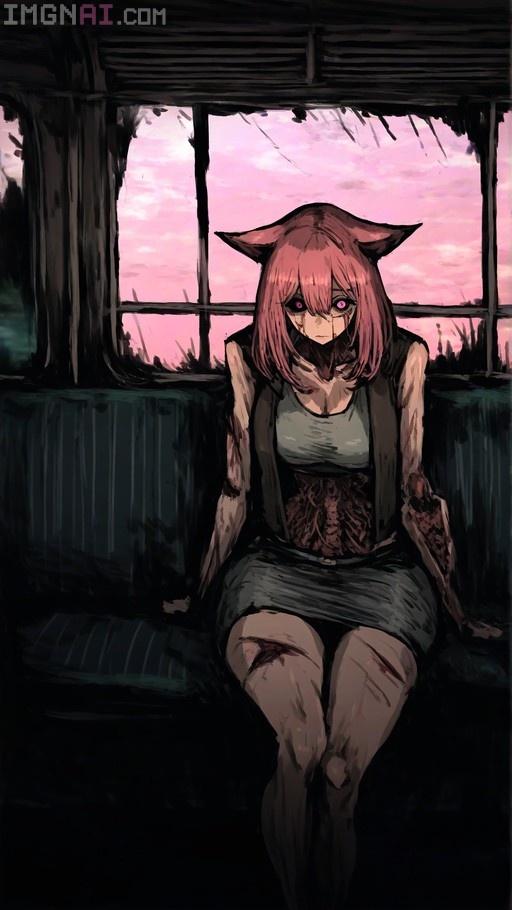 An emaciated anime girl with pink hair and cat ears sits in a dark abandoned train car, wearing torn clothes that reveal her ribcage, with blood on her face and legs against a pink sky background.
