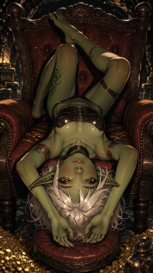 A green-skinned female goblin with white hair lies upside down on a red armchair surrounded by gold coins.
