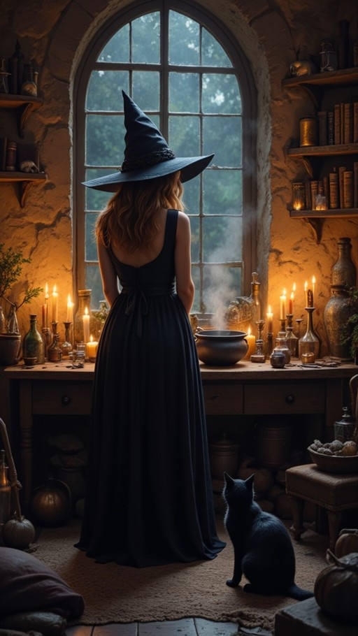 A rear view of a woman in a black dress and witch hat standing before a steaming cauldron on a wooden table, illuminated by candlelight with a black cat sitting nearby.