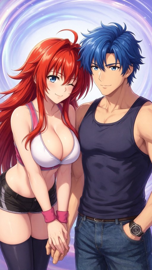 Anime-style illustration of a red-haired woman in a white sports bra winking and holding hands with a muscular blue-haired man.