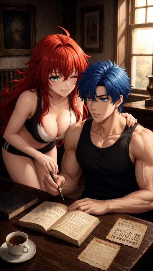 A red-haired anime woman in a sports bra winks while leaning over a muscular blue-haired man writing in a book.