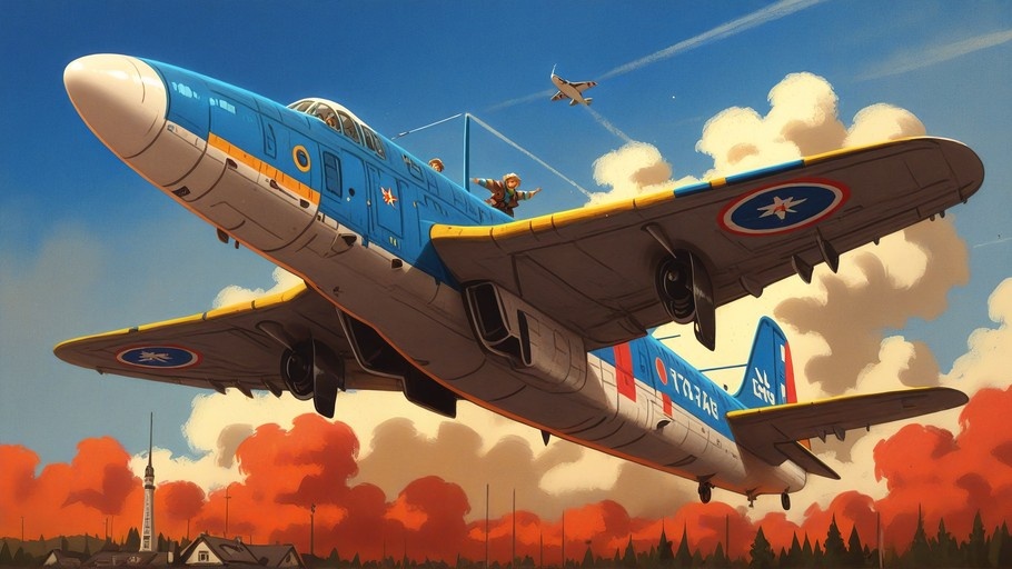 A large blue and white propeller airplane flying low over a landscape with orange clouds, painted in an impressionist style with two figures standing on top.