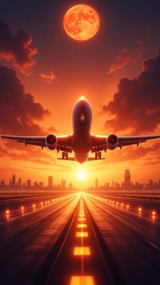 A commercial airplane with landing gear down flies low over a lit runway towards a city skyline under a large orange moon and sunset.