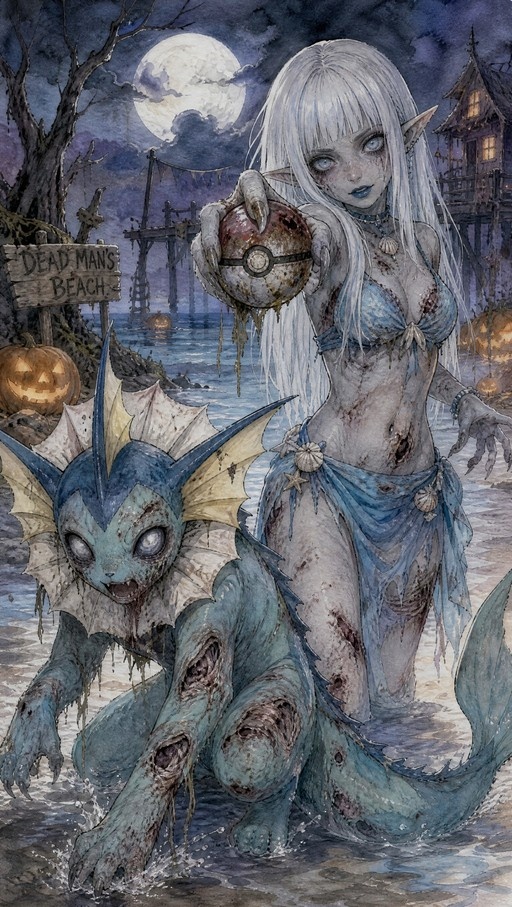 A zombie Vaporeon and a pale elf woman with white hair holding a rusty Pokeball stand on a beach at night under a full moon with pumpkins around.