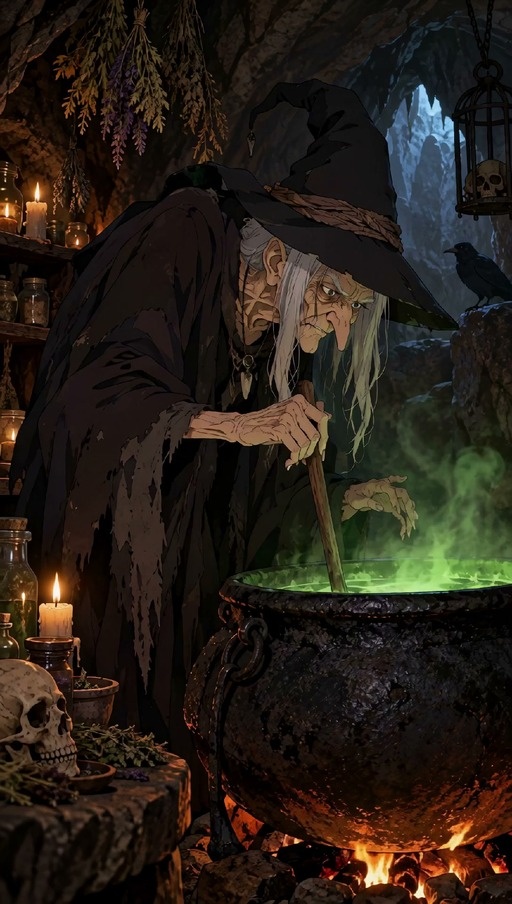 An old witch stirs a bubbling green cauldron in a candlelit cave before casting a spell that transforms her into a young goth woman who flies away on a broom.