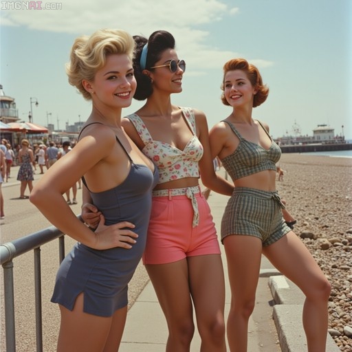 Three smiling women in 1960s summer attire standing by a railing on Brighton beach with the pier visible in the background.
