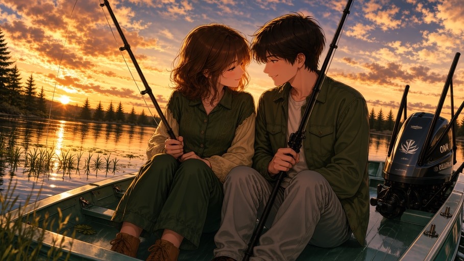 An anime-style illustration of a young man and woman sitting in a small boat holding fishing rods while looking at each other during a beautiful sunset.