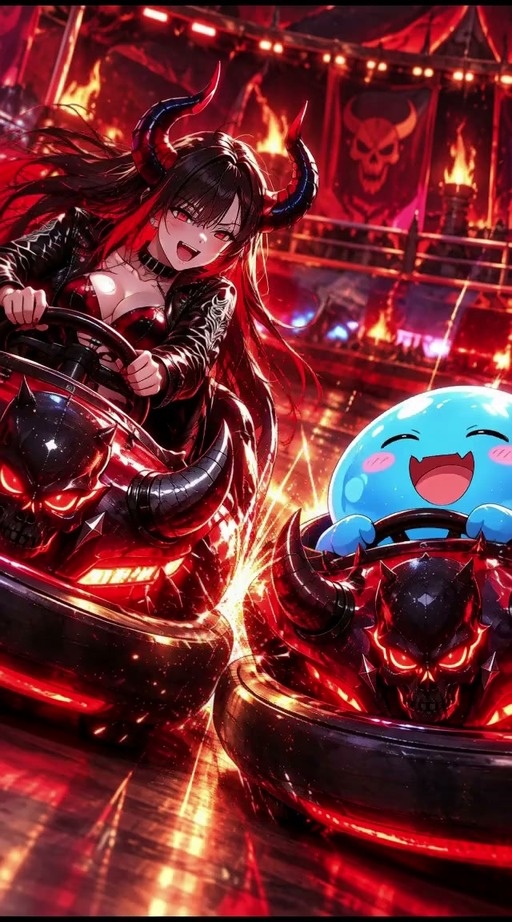 An anime demon girl with red eyes and black horns drives a skull-themed bumper car next to a happy blue slime in a fiery arena.