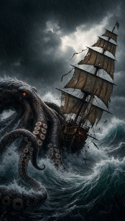 A colossal kraken with glowing amber eyes wraps its tentacles around a wooden pirate ship during a violent storm.