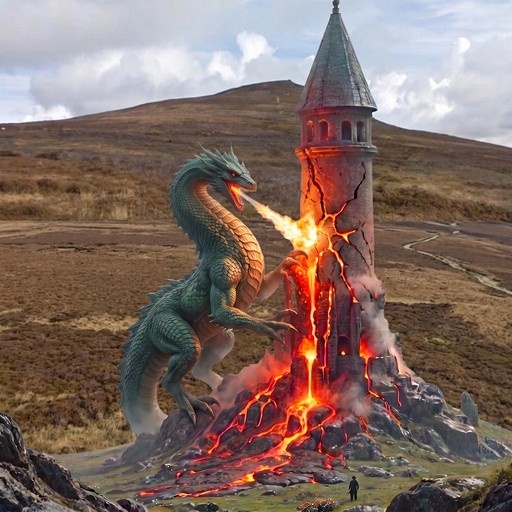 A green-scaled dragon breathing fire onto a stone tower, causing it to crack and glow with lava in a hilly landscape.