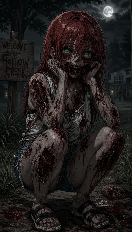 A red-haired zombie girl with green eyes and bloody wounds crouches under a full moon near a sign that reads "Welcome to Hollow Creek".