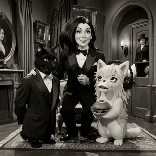 A black-and-white video shows a pale woman in a tuxedo sitting between a standing black cat and a white creature with headphones; the creature smashes a hamburger into her face while she remains still.