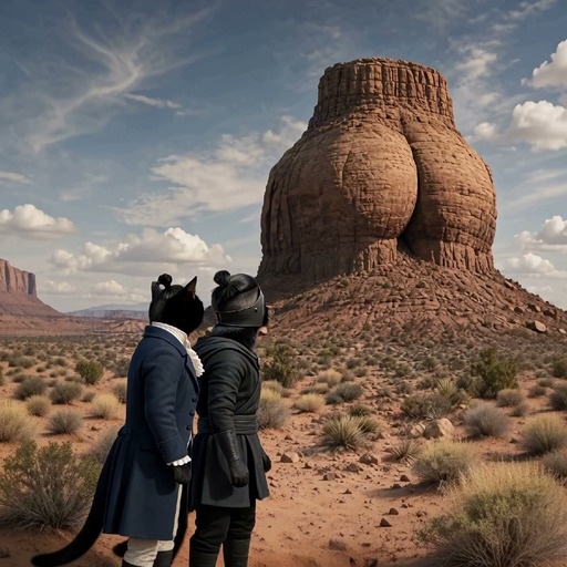 Two black cats with topknots and formal wear look at a large rock formation shaped like buttocks in a desert before diving into a ditch as dust erupts.