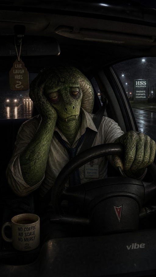 A sleepy green scaled yuan-ti driver rests his head on his hand while holding the steering wheel of a Pontiac Vibe in the rain at night.