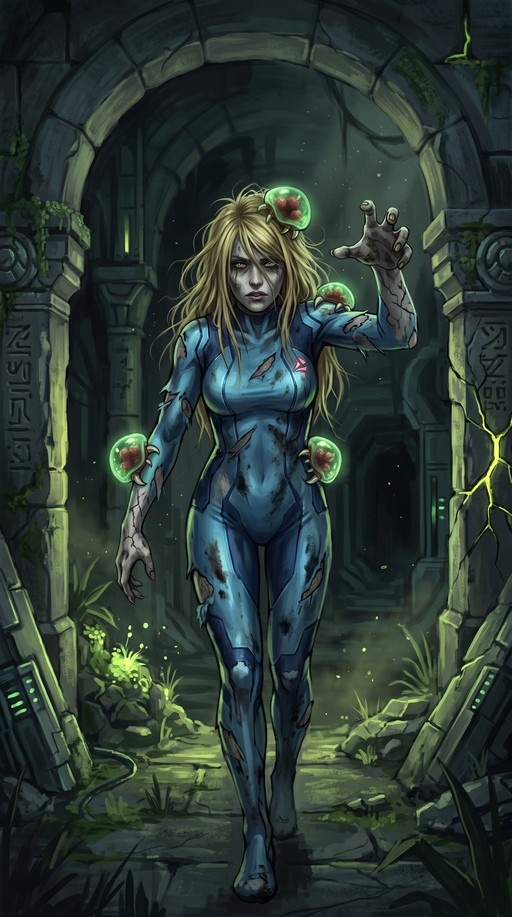 Zombie Samus Aran in a tattered blue bodysuit walks forward through stone ruins while small glowing Metroids cling to her body.