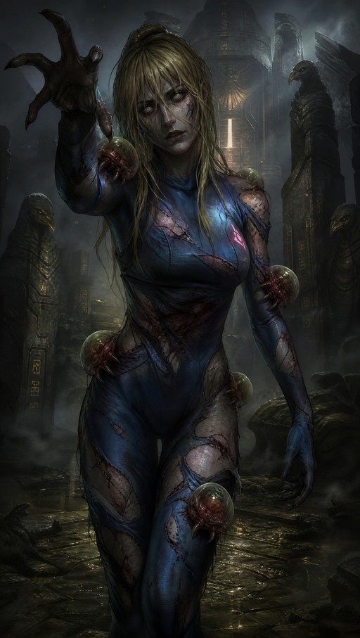 A pale-skinned zombie Samus Aran in a tattered blue zero suit stands in dark Chozo ruins, reaching forward while several Metroids attach to her skin.