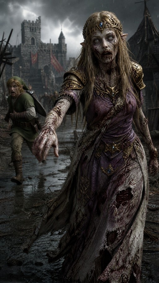 A hyper-realistic image of a zombie Princess Zelda with blood and tattered purple dress reaching forward while Link runs away in the background near Hyrule Castle ruins.