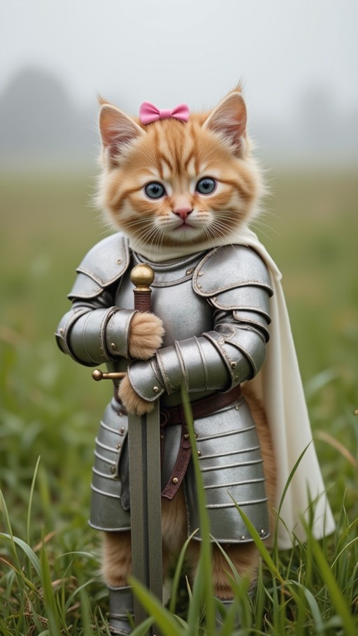 A fluffy orange kitten wearing silver medieval armor and a white cape stands in green grass holding a sword with a pink bow on its head.
