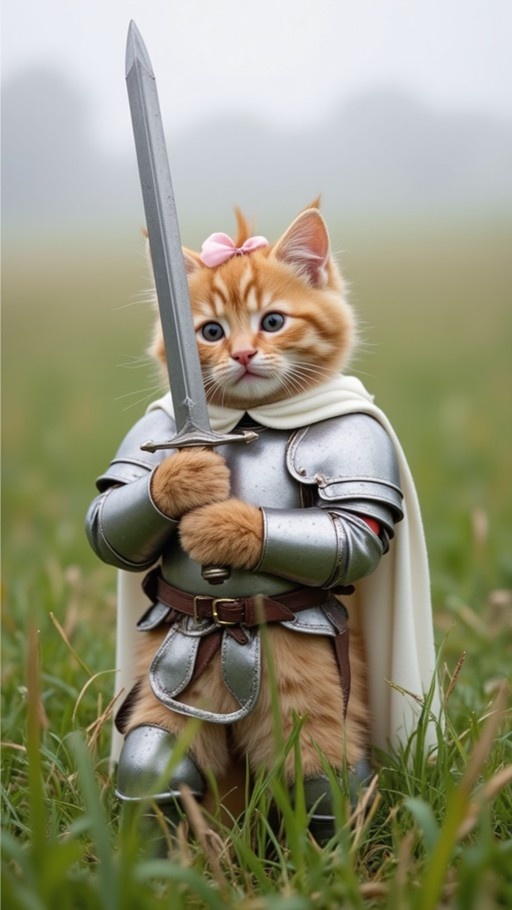 A ginger kitten in silver knight armor and a pink bow holding a sword upright in the grass.