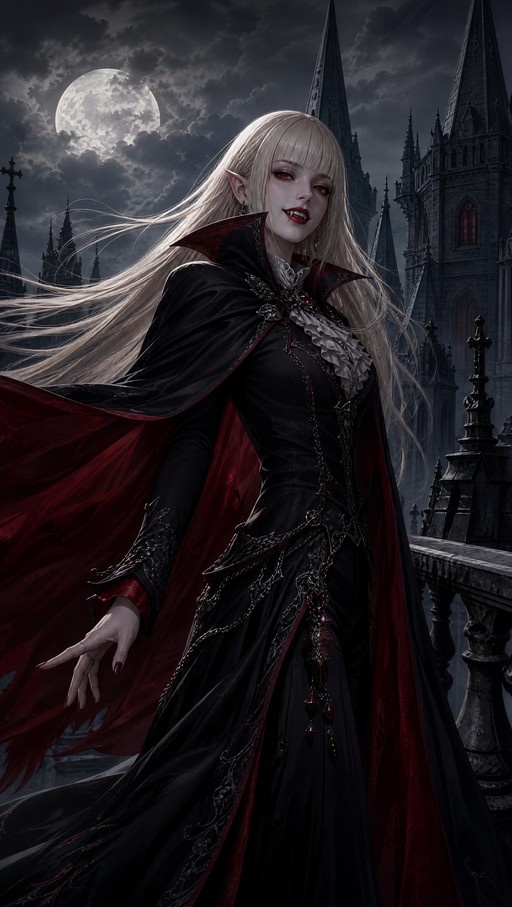 A pale blonde vampire named Lili with red eyes and fangs stands on a gothic castle balcony wearing a black dress and a flowing red-lined cape under a full moon.