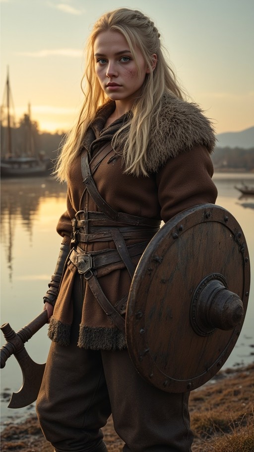 A realistic portrait of a blonde Viking warrior woman with blue eyes and freckles, wearing brown leather armor with fur trim, holding a round wooden shield and an axe near a river at sunset.