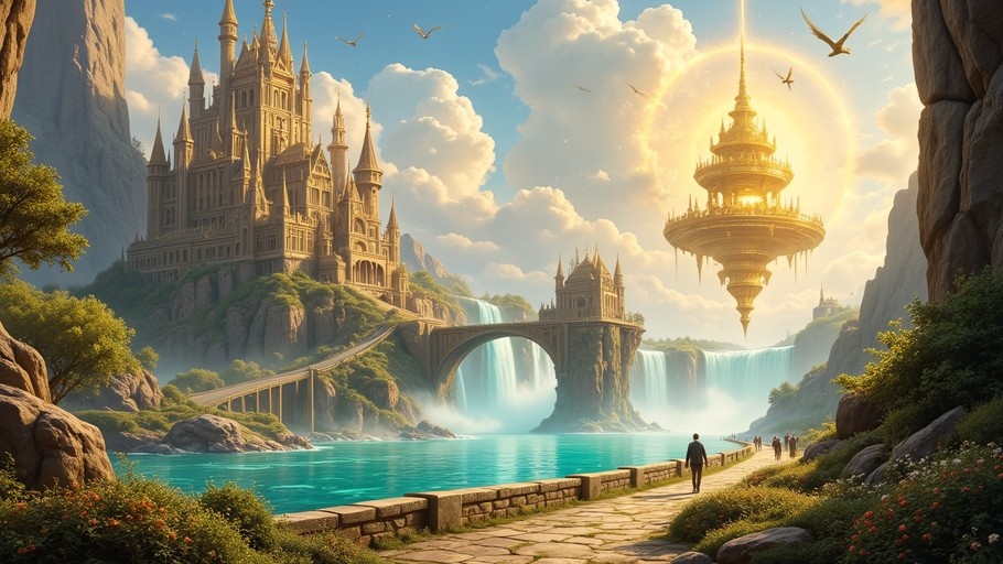 A majestic golden fantasy castle built into a cliffside next to a glowing levitating temple and a turquoise waterfall, with people walking along a stone path.