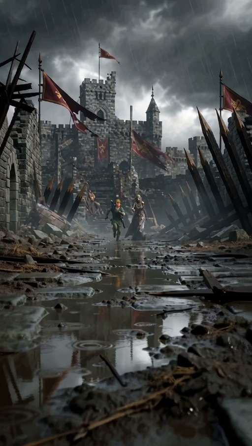 Link runs away from a zombie Princess Zelda in a ruined castle courtyard.