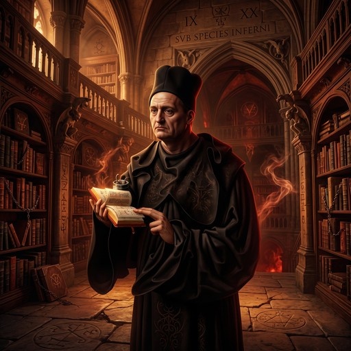 A digital illustration of Abbot Lawrence Martins standing in a grand library, holding an open book with smoke rising from it, surrounded by stone arches and gargoyle statues.