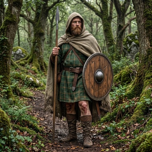 A realistic digital illustration shows an Irish mercenary with a beard, wearing a hooded cloak and green tunic, standing on a mossy forest path while holding a spear and round wooden shield.